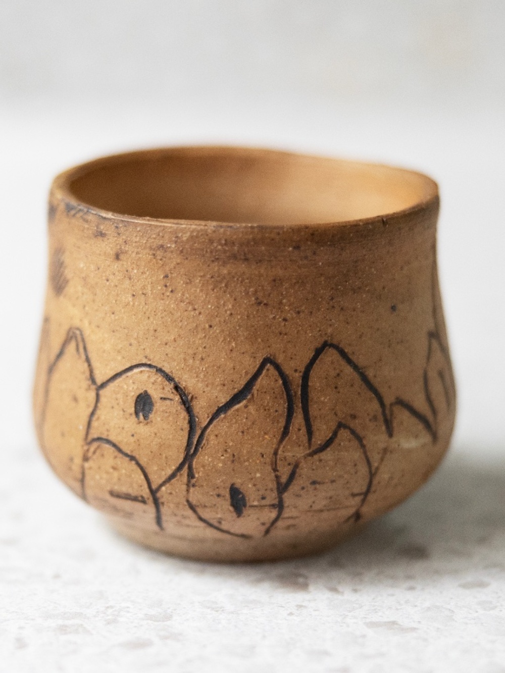Signed rustic brown carved pottery cup planter trinket catchall 2.5 inches tall